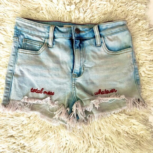 Cello Distressed Denim High Waist Jean Shorts with cute saying😍👀 - Picture 2 of 11